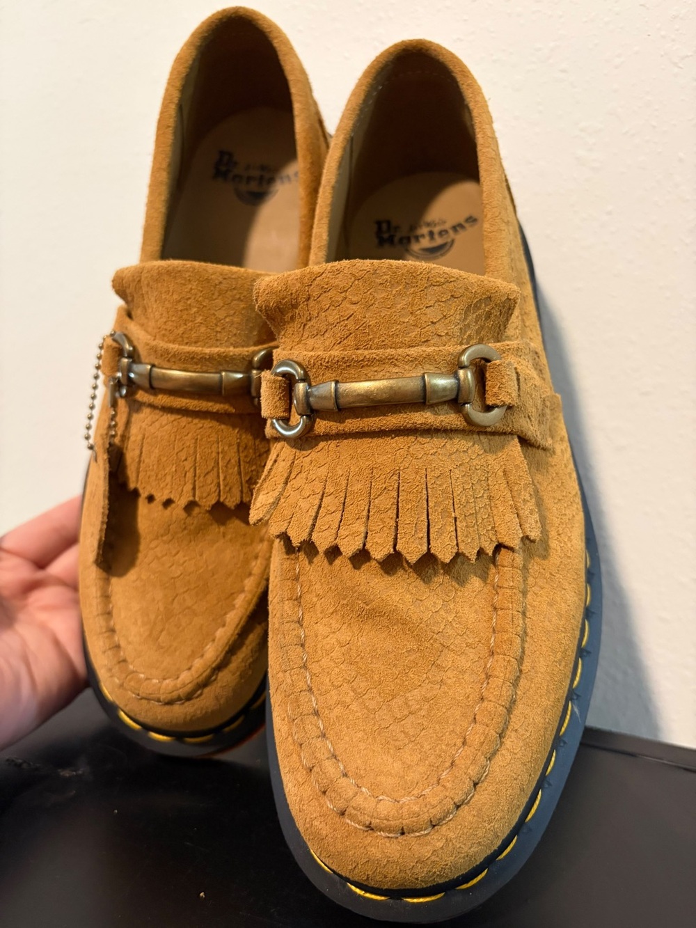 Dr. Martens Tan Suede Kiltie Loafers with Brass Bit